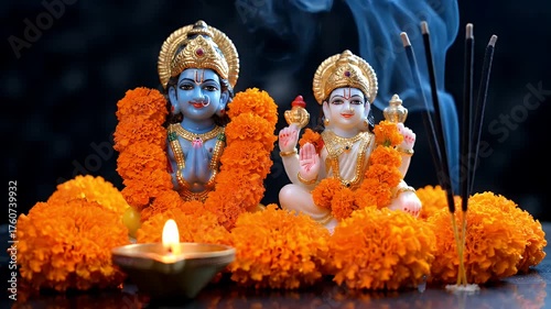 Hindu Deities Vishnu And Lakshmi Adorned With Orange Marigold Garlands And Lit Incense Sticks On A Dark Background With A Diya Oil Lamp