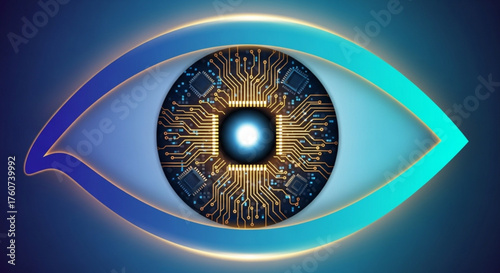 A stylized eye with a circuit board iris, representing artificial intelligence, surveillance, and the fusion of technology with human biology
