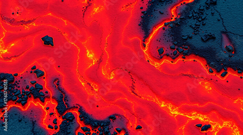 Top View of Vibrant Red Molten Lava Flowing Smoothly Over Dark Volcanic Ground Background Texture