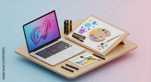 Digital art studio setup with laptop, drawing tablet, and art supplies, showcasing the blend of traditional and modern tools for creative work, ideal for graphic design and illustration