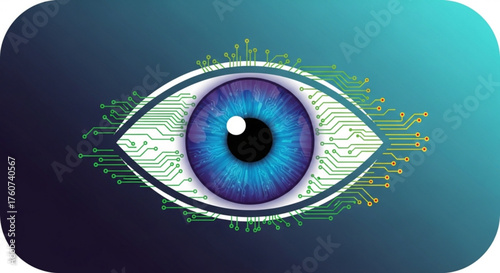 Futuristic eye with circuit board pattern, representing technology, artificial intelligence, cybersecurity, and the digital age, symbolizing the convergence of human vision and advanced tech