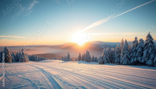 Snowy mountain landscape with trees and a bright sunrise in winter