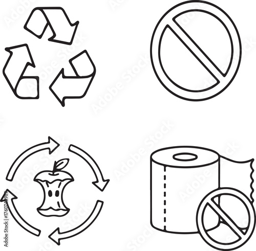 Recycling symbols composting apple core toilet paper roll with prohibition signs for waste management
