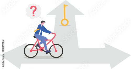 A businessman looks confused while standing on a branching road,
