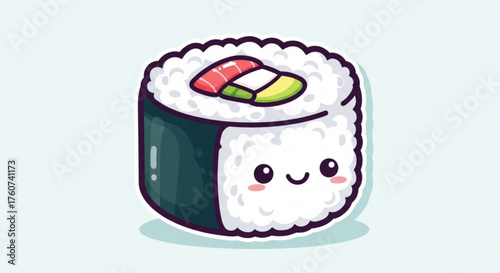 Cute maki sushi roll with a happy face, a delightful and kawaii illustration of a popular japanese dish