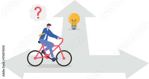 A businessman looks confused while standing on a branching road,

