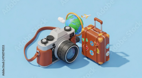 A vintage camera, suitcase, and globe, capturing the essence of travel, adventure, and exploration, perfect for wanderlust and vacation themes