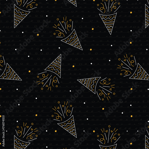 New Year, Birthday party or any celebration concept vector seamless pattern Doodle style party texture Wallpaper wrapping paper background, card or banner template or textile prints or else