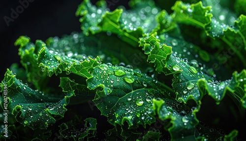 Lush, vibrant green kale leaves covered in glistening water droplets, against a dark background