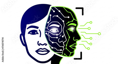 An abstract representation of artificial intelligence, blending a human face with digital circuitry, symbolizing the fusion of humanity and technology