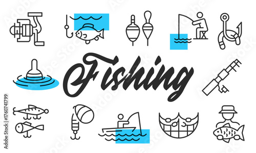 Fishing poster. Fishing poster design with Hook, Rod, Fish, Boat, Bobber icons. Simply poster for presentations, covers. Banner template. Vector illustration.