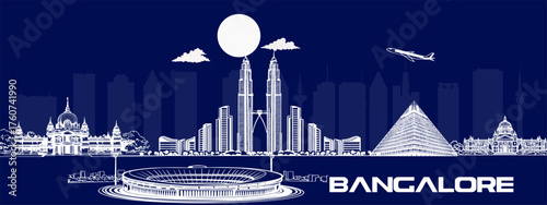 Bengaluru Skyline with Cultural Heritage Touch for Tourism Promotion – Vidhana Soudha, UB City, Lalbagh, and Bangalore Palace – India Travel Art Illustration