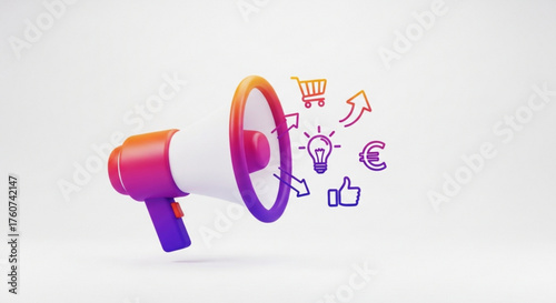 A 3d rendering of a megaphone with icons floating out of it, the icons include a shopping cart, lightbulb, thumb up, and euro sign