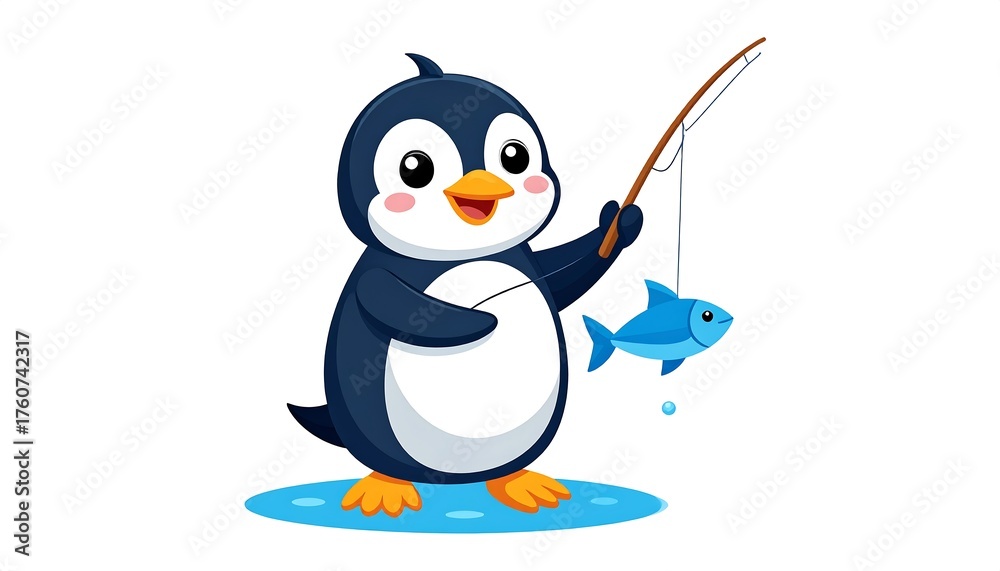 Naklejka premium Cute penguin holding fishing rod with caught fish