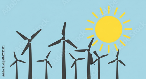 Illustration of wind turbines and sun in a clean energy concept, showcasing renewable power generation and sustainable energy sources for a greener future