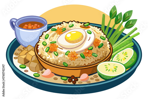 vector of Thai fried rice. Fried rice with egg, onion and fish sauce is simple but refreshing. Khao Pad is the home flavor of Thailand; Unpretentious and lovely.
