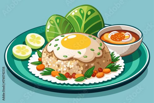 vector of Thai fried rice. Fried rice with egg, onion and fish sauce is simple but refreshing. Khao Pad is the home flavor of Thailand; Unpretentious and lovely.