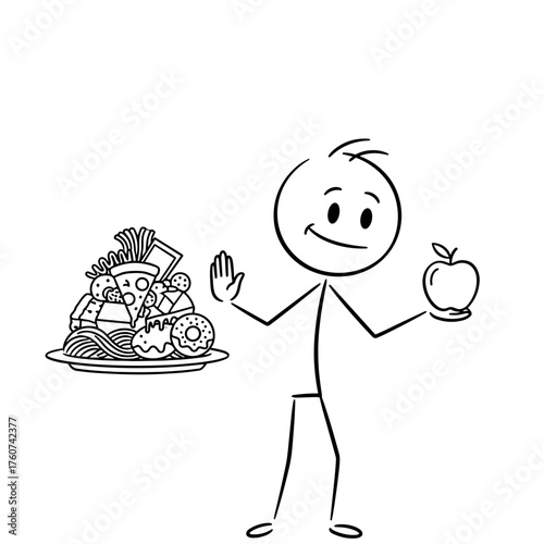 Stick figure choosing healthy apple over unhealthy food on plate  