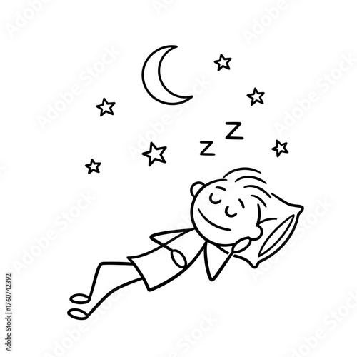 Boy sleeping peacefully under stars and moon, concept of Healthy Lifestyle  