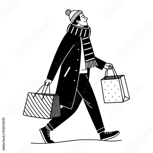 Stylish Man Winter Shopping Vector Line Art.