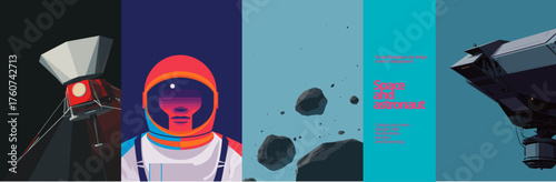 Futuristic vector illustration featuring astronaut, spacecraft, and asteroids in bold minimalist design. Perfect for sci-fi posters, space exploration themes, and modern digital artwork.
