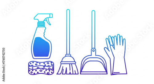 Cleaning tools set spray bottle, sponge, broom, dustpan, and gloves for household chores and hygiene maintenance in a home