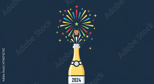 New year 2024 celebration champagne bottle with fireworks for festive holiday greeting and party invitation design
