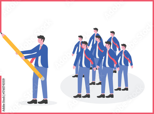 A businessman drawing a circle around himself and a building, 
