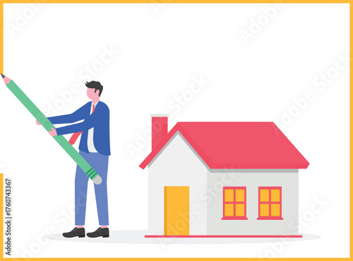 A businessman drawing a circle around himself and a building,
