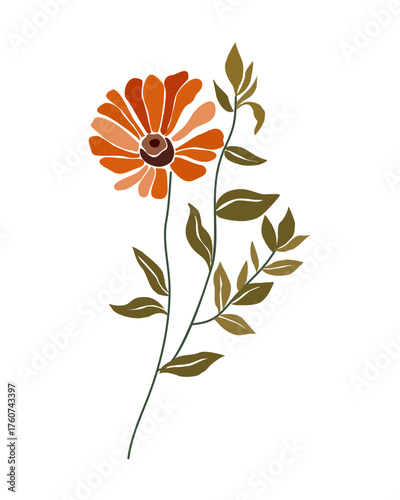 Minimalist vector illustration of a single flower with orange petals and olive-green leaves on a thin stem. Clean, symmetrical, modern botanical design on transparent background