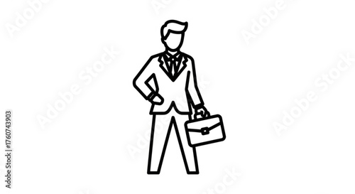 Line art illustration of a businessman with briefcase, representing career, success, and professional life in a minimalist style