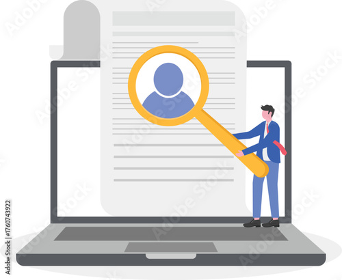 A businessman on top of a laptop holding a magnifying glass observing a person's profile,
