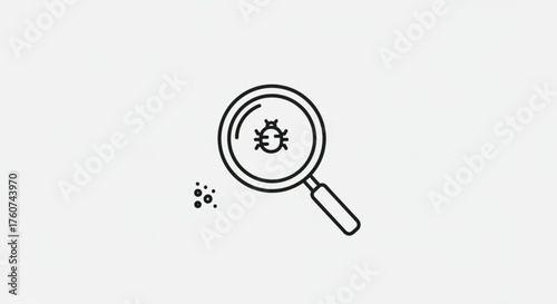 Minimalist outline icon of bug under magnifying glass symbolizes research, investigation, and debugging in software development