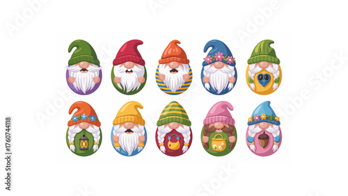 Collection of ten cartoon gnomes with different colored hats and various decorations on their bodies