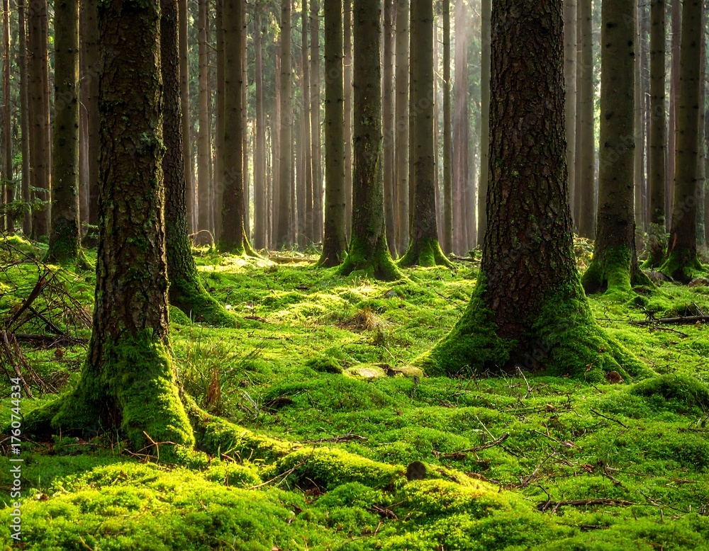 Obraz premium Sunlight filters through a dense forest