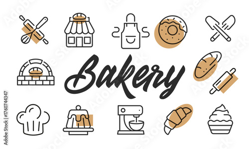 Bakery poster. Bakery poster design with Bread, Croissant, Doughnut, Rolling Pin, and Mixer icons. Simple poster for presentations, covers. Banner template. Vector illustration.