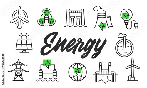 Energy poster. Energy poster design with Wind Turbine, Solar Panel, Power Plant, Battery, Globe icons. Simply poster for presentations, covers. Banner template. Vector illustration.