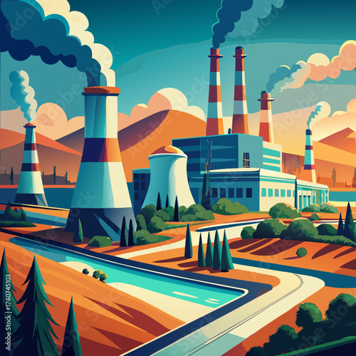 Industrial Power Landscape, vector illustration.  Generative AI.