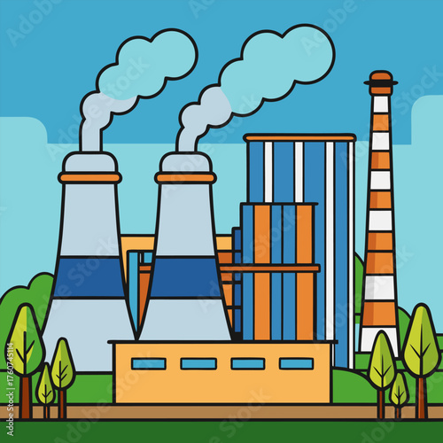 Modern Industrial Factory, vector illustration.  Generative AI.