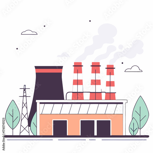 Power Plant Illustration, Modern Industrial Factory with Chimneys, vector illustration.  Generative AI.