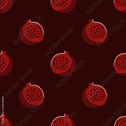  Seamless pattern with ripe red pomegranates. Perfect for textile design, packaging, wallpaper, wrapping paper, kitchen decor, and fabric prints. Fresh fruit illustration in flat modern style.