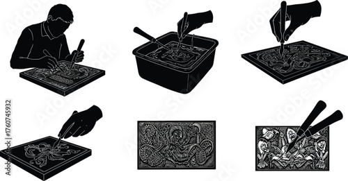 Artist engraving detailed woodcut designs with carving tools, traditional handcraft process creating intricate illustration artwork and fine printmaking technique
