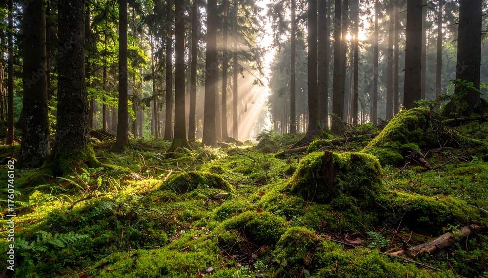 Obraz premium Sunlight streams through a dense mossy forest