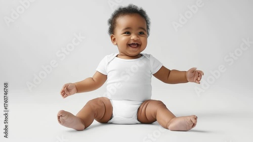 Adorable black baby smiling and laughing on white background