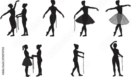 Ballet dancer fitting costume with tailor, ballerina measurement process before performance, graceful dance preparation, elegance, art, and stage fashion design concept