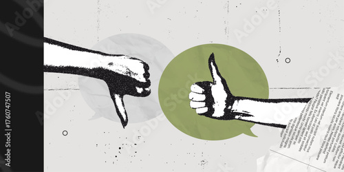 Trendy Halftone Stipple effect Speech bubble messages and two hands with like and dislike gestures. Social media communication and discussion. Online feedback. Retro vintage vector illustration art