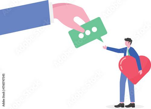 Two hands hold a chat dialog and others hold a heart, intending to exchange,
