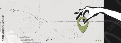 Trendy Halftone Stipple effect Hand holds location pin. Vintage art with position element. Delivery route. Travel way and find trip. GPS point navigation. Transport logistic. Vector illustration