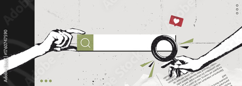 Trendy Halftone Stipple effect Hand holds magnifier glass on search bar. Seo marketing concept. Website page. Internet analysis. Job for hire online. Find information. Vintage vector illustration art