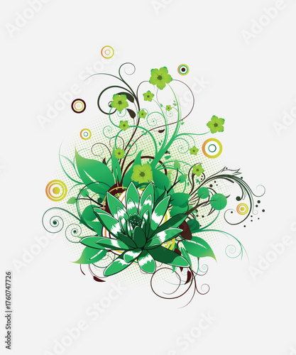 Elegant Floral Motif: An intricate design, with vibrant green leaves and delicate spiraling patterns, embodies the timeless beauty and the vitality of plant life.
